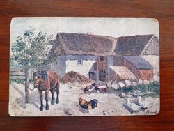 Old postcard country life landscape artistic postcard horse poultry
