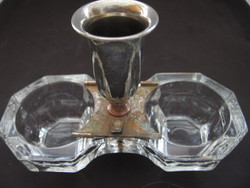 Antique sheet-polished table salt shaker with silver-plated toothpick holder