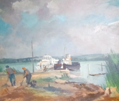 Port life - social real oil painting (65×55 cm) - waterfront workers