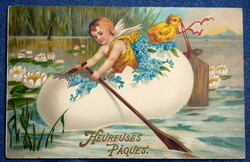 Antik grafikus Húsvéti  üdvözlő litho képeslap tojás csónakban evező angyalka csibe tavirózsa