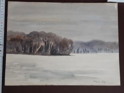Ida Polgár (1919-2013): winter on the Tisza, landscape, watercolor