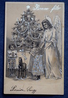 Antik ezüsttel préselt Karácsonyi  üdvözlő litho képeslap angyal karácsonyfa gyerekek játék hintaló