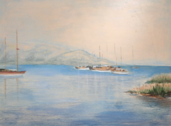 BALATONI HAJÓK (olaj-farost 58,5x43,5 cm + keret) kikötő, tavi tájkép, panoráma látvány