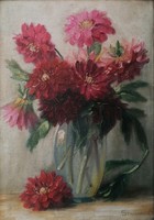 Strauss pál: dahlias. Marked, previously exhibited oil painting.