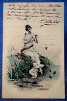 Antik MM Vienne üdvözlő képeslap zenélő hölgy