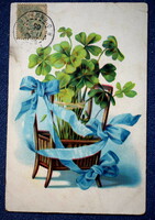 Antik  üdvözlő litho képeslap lóhere csokor kék szalaggal