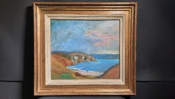István Bede: bay (oil painting in frame 48x52 cm) waterfront, river, sea, cliffs