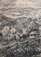 Bede István: Kora tavasz a Bükkben, 1967 (szénrajz keretben 47x40 cm) házikók a hegyekben, természet