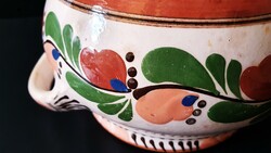 Vintage, floral, 2-eared, glazed earthenware, folk pot, basket, holder.