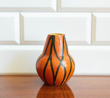 Jelzett Tófej retro kerámia váza – kis narancs-fekete váza