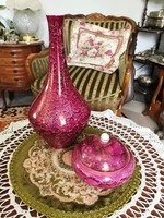 Hollóházi, retro, lüszteres váza és mellé szintén retro lüszteres bonbonier, hibátlan vitrin állapot