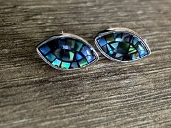 Flawless, mosaic-peacock shell, studded, silver earrings