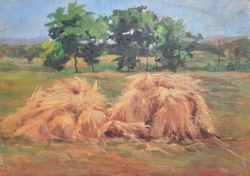 Haystacks - oil painting 30x43 cm - sunny landscape, without markings