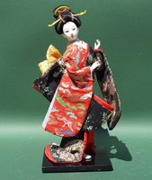 Régi kézzel készített eredeti japán gésa baba 30 cm-es  figura brokát kimonóban