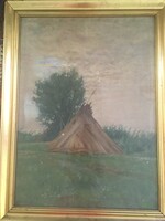 KÓBOR HENRIK/1883-1964/:KÉVÉK zöld tájban,1940.-ÜVEG  MÖGÖTT-