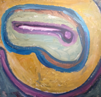 Cs. Németh Miklós: Utazás a petefészekbe (a mű maga 60x60 cm) tempera, karton, hímivarsejt