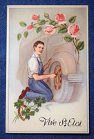Vintage St Eloi -pl érmegyűjtők védőszentje - grafikus képeslap  autót szerelő fiatal lóhere virág