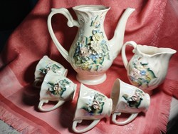Beautiful, antique 4-person coffee and tea set decorated with hand-shaped flowers