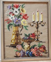 Tapestry picture_ still life with candlestick with fruits and flowers
