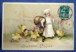 Antik dombornyomott Húsvéti üdvözlő litho képeslap dohányzó kis szakács kosárral csibék