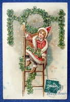 Antique Embossed Greeting Litho Postcard Little Girl in Red Hat on Ladder Sparkling Clover Lace
