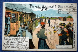 Antik katonai grafikus litho  képeslap  Parole Heimat   I.v.h.  vasút állomás érkezés