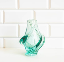 Designed by Frantisek Zemek or Miroslav Klinger, zelesny brod sklo - retro green glass vase