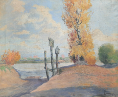 Ferenc Szemeney (1894-1990): riverside painting (oil, canvas)