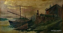 Csónakok. Jelzett, antik olajfestmény.