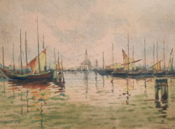 Nagy kikötő (akvarell, 38x47 cm) "De Battista" jelzéssel - hajózás, vitorlás, tenger