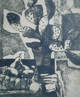 Mária Túry: still life with cactus (etching 28x24 cm) modern - student of Szőnyi, wife of György Kádár
