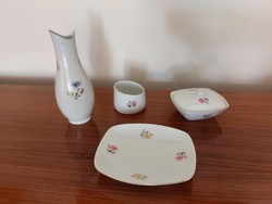Régi Hollóházi porcelán virágos retro asztali szett 4 db váza tál cigitartó bonbonier mid century