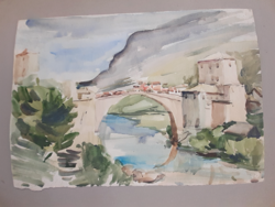 Mostari bridge and waterfront pier, double-sided watercolor