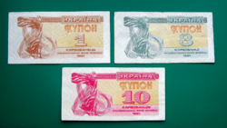 Ukrajna - 1 - 3 és 10 kupon - 1991 – 3 db-os Karbovanec Bankjegy lot