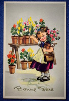 Art deco grafikus üdvözlő képeslap kisleány cserepes virágokkal