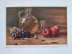 Régi képeslap 1913 konyhai csendélet levelezőlap gyümölcs szőlő bor