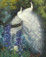 Jessie arms stick white peacock and blue spur grass 1924 reproduction canvas painting vakraman flower garden