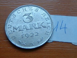 NÉMET WEIMAR 3 MARK MÁRKA 1922  A, Alumínium 14.