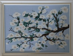 (K) Blooming Branch of Tree, Beautiful Painting 45x35 cm with Frame on Cardboard Mounted Canvas