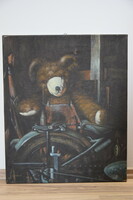 Szerelő Medve Maci Gyerek Jó hangulatú ritka festmény