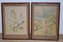 Rare bauer caricature pair of moody waterfront beach pictures