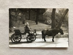 Régi fotó képeslap, kislány lovaskocsival - 1959