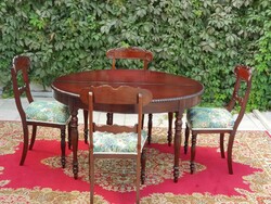 Felújított antik keményfa étkező/tárgyaló asztal 4 db kárpitozott székkel