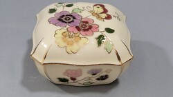 Zsolnay pillangós, kézzel festett porcelán bonbonier, ékszer tartó