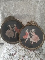 Wonderful antique silk picture sewn with silk thread, in round frames with bows
