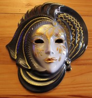 Venetian wall-hanging mask, porcelain, small, dark gray-gold