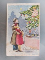 Régi karácsonyi képeslap levelezőlap kisangyal szerelmespár