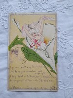 Antik/szecessziós litho/litográfiás, hosszúcímzéses művészlap/képeslap 1900-ból nőalak virággal,kála
