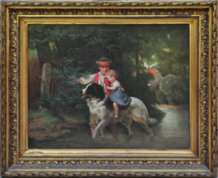 Follower of Ernst BOSCH (1834-1917): The little girl rides a St. Bernard (1873)