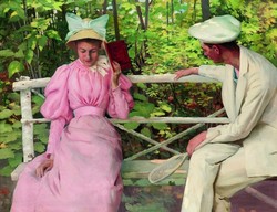 Vaszary János Udvarlás 1895 reprodukció vászonkép nyomat, pár kerti pad rózsaszín ruha, vakrámán is!